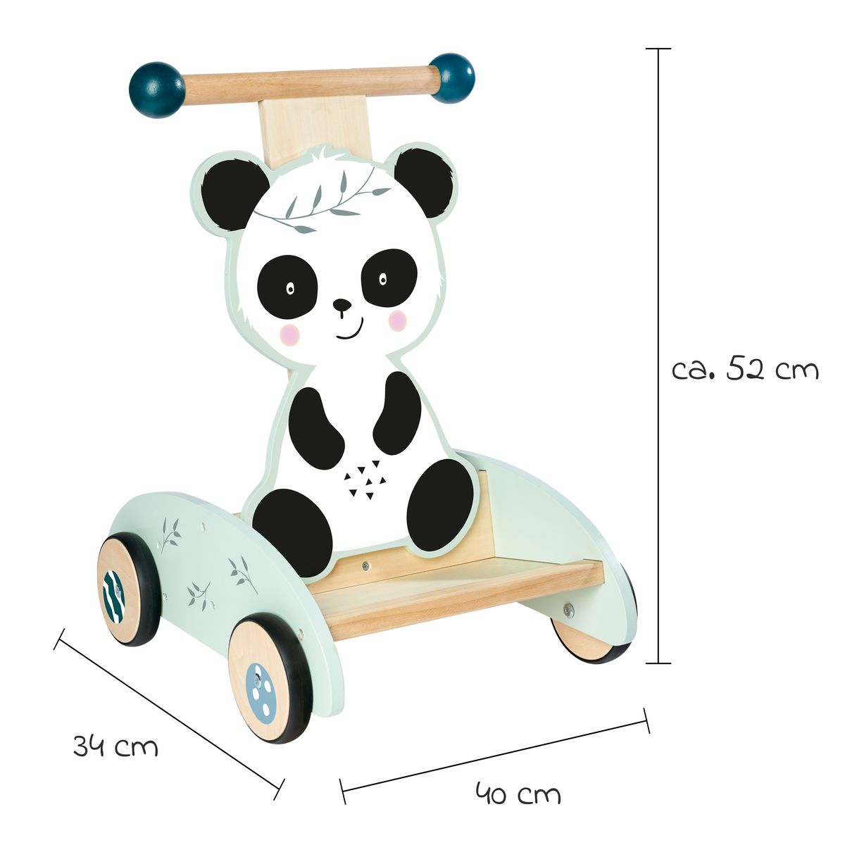 Gåvogn i tre med gummihjul, panda-design med oppbevaringsflate