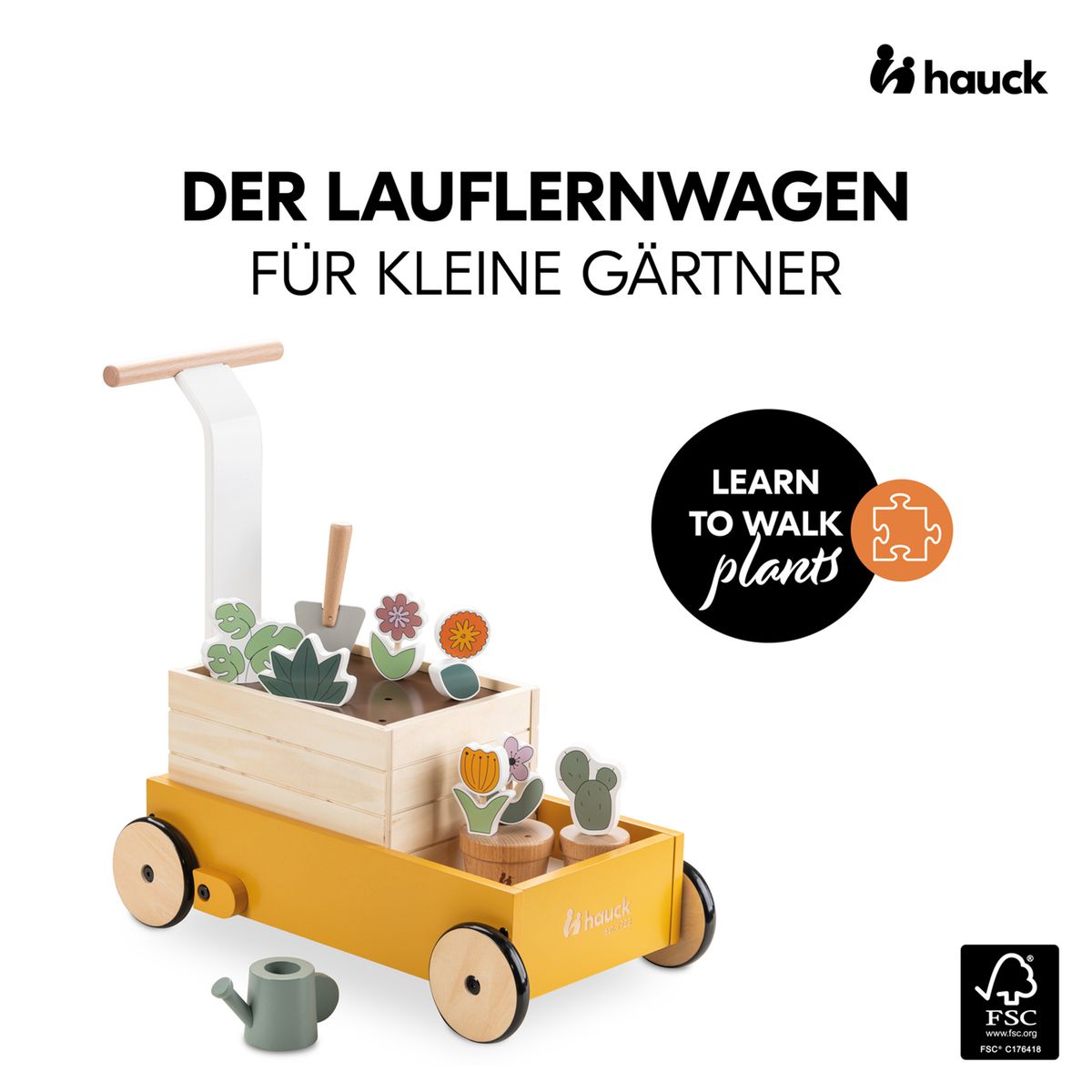 Bakside av gåvogn i tre Learn to Walk med hagetilbehør