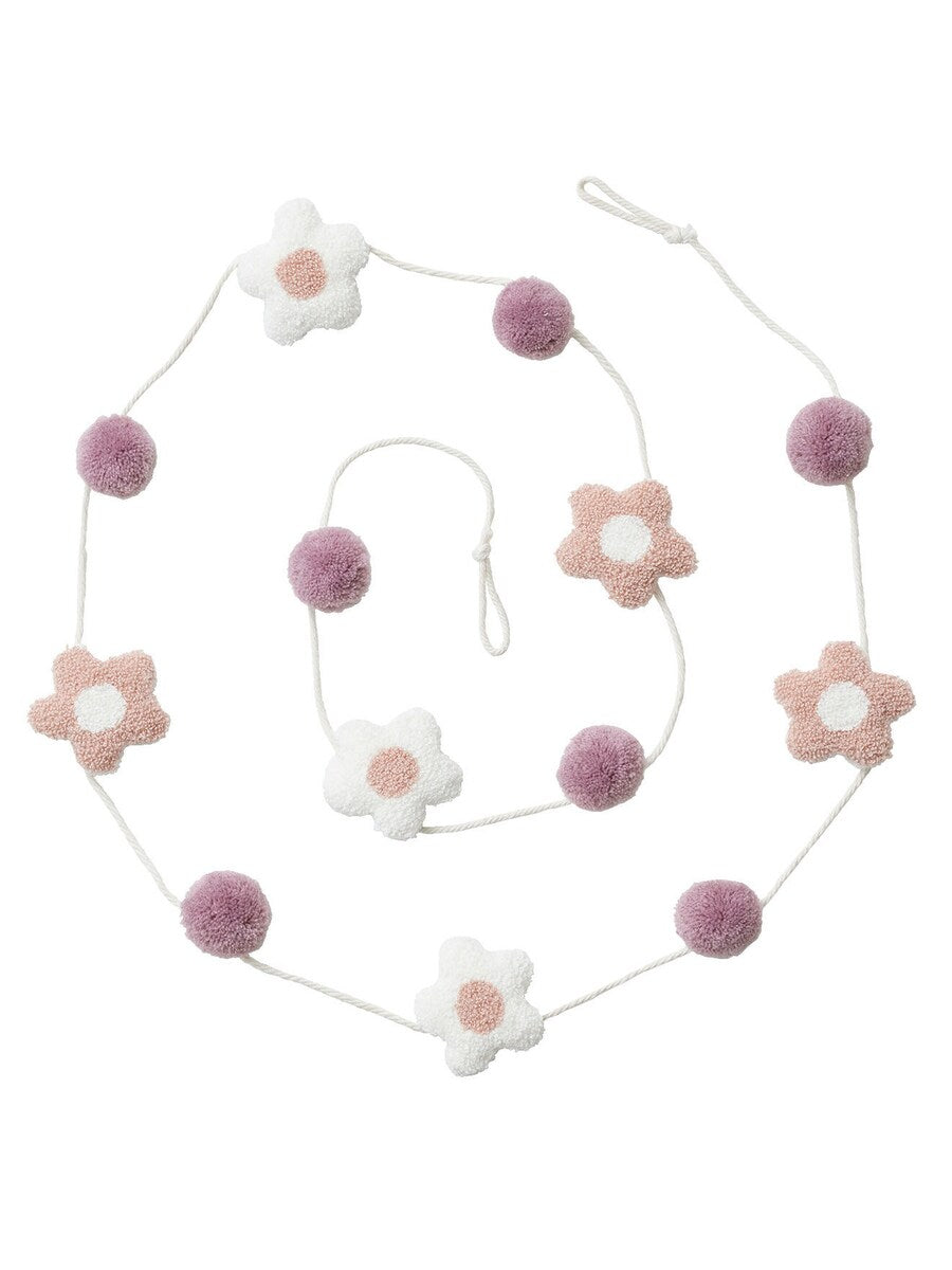 Girlander med blomster og pomponger bomull 210 cm forfra