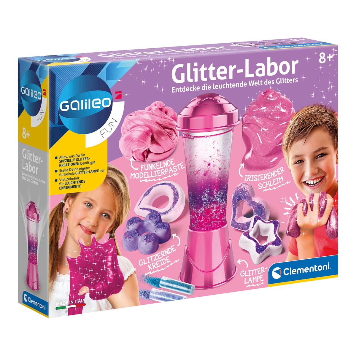 Glitterlaboratorium med eksperimenter fra 8 år - Clementoni Galileo forfra