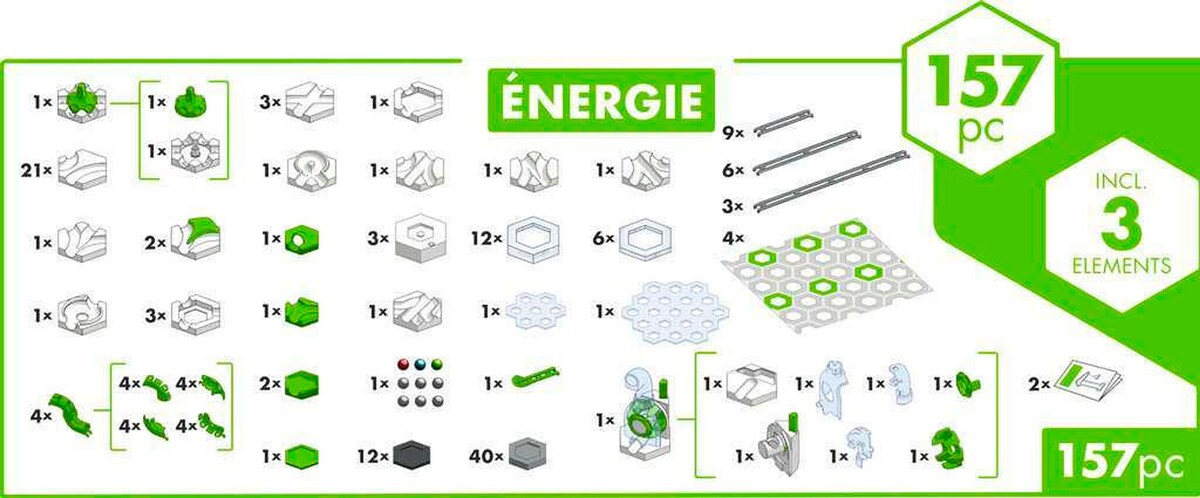 Oversikt over innholdet i GraviTrax Action-sett Energy kulebane-utvidelse