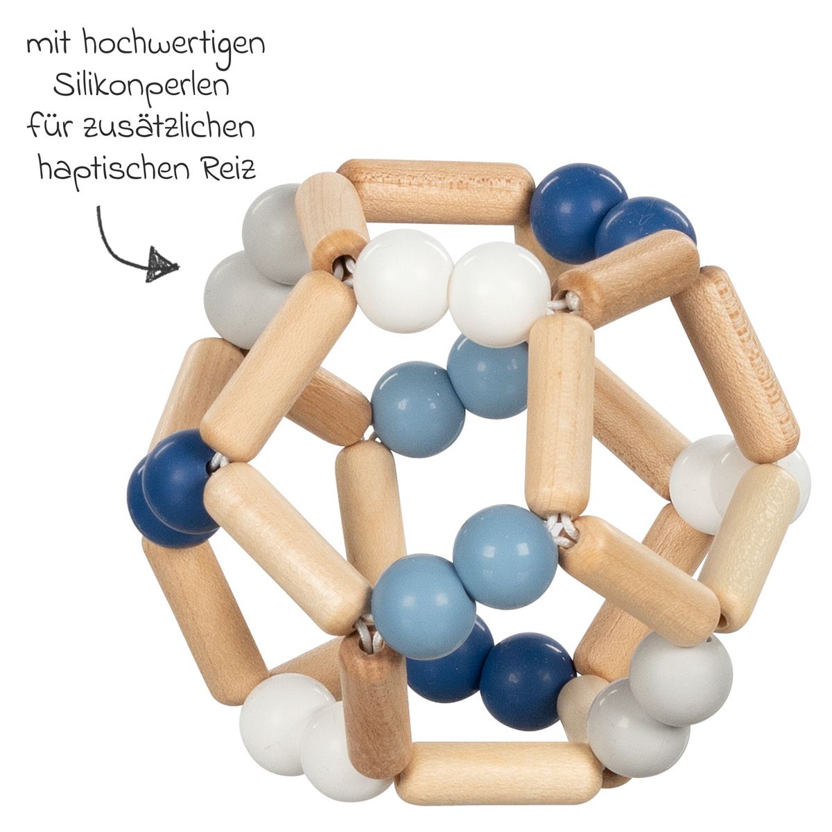 Gripeleke elastisk ball i heltre med silikonperler, blå bakside