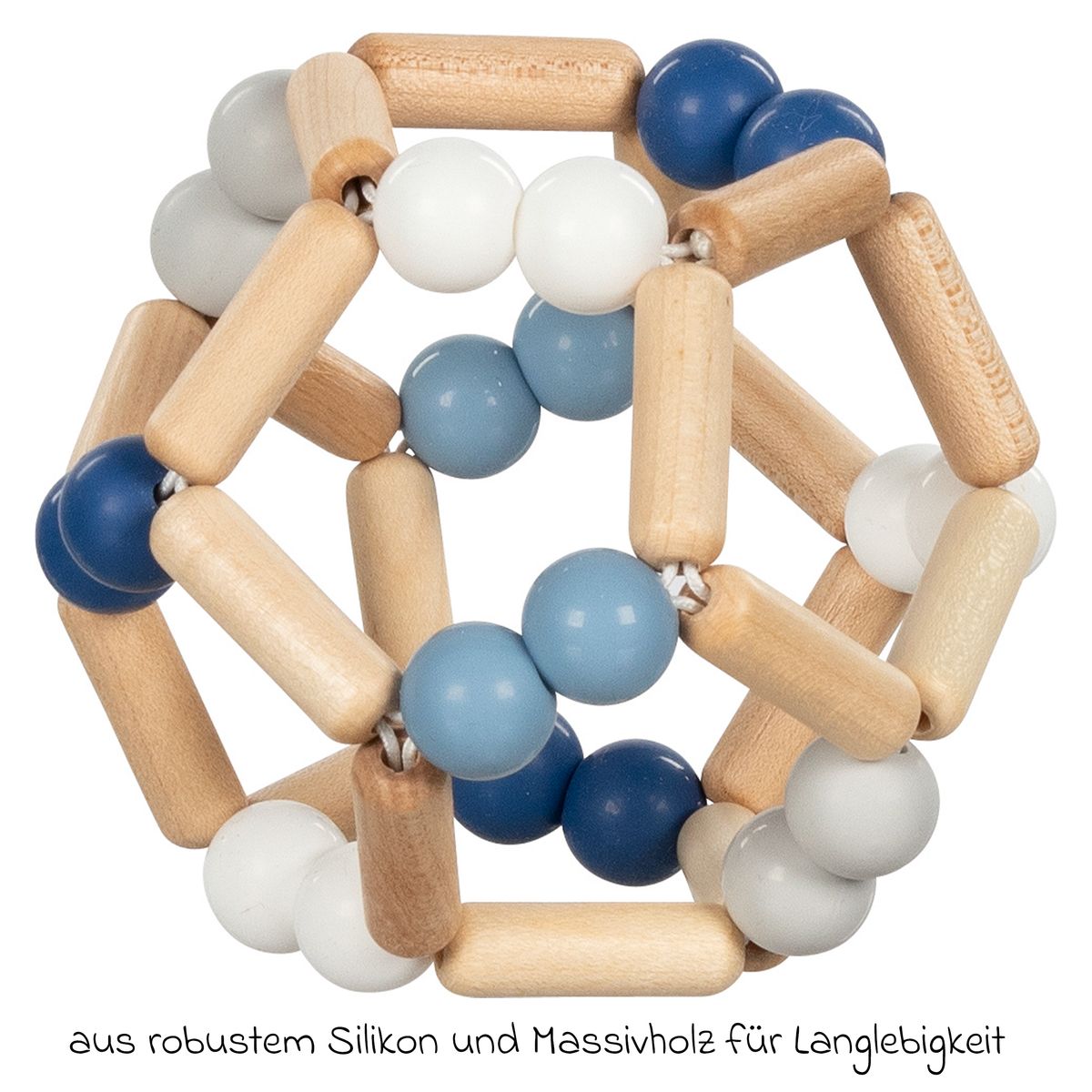Detaljbilde av silikonperler på Gripeleke elastisk ball i heltre med silikonperler, blå