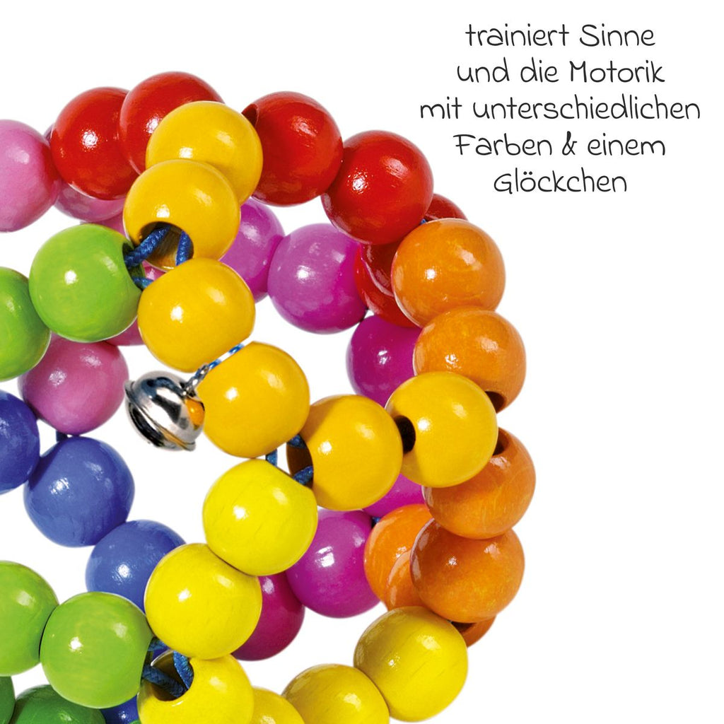 Gripeleke i tre med perler - regnbueball - Goki bakside