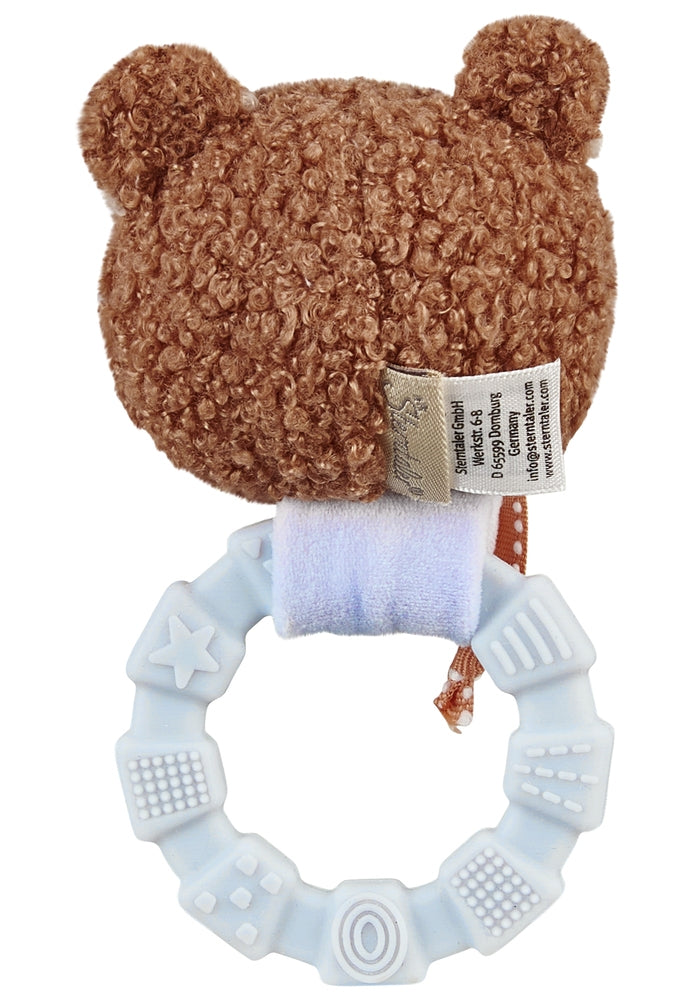 Gripering bjørn Bob med rangle isblå 13 cm nærbilde