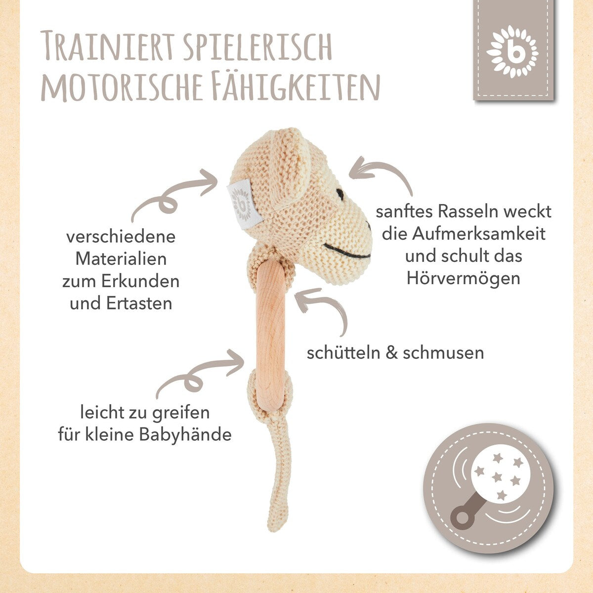 Gripering med rangle i tre og bomull, ape montert