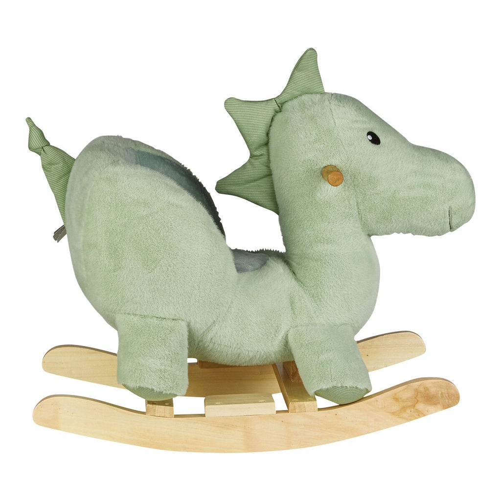 Detalj av sitteflate på Gyngedyr Dino Rexi i plysj og tre