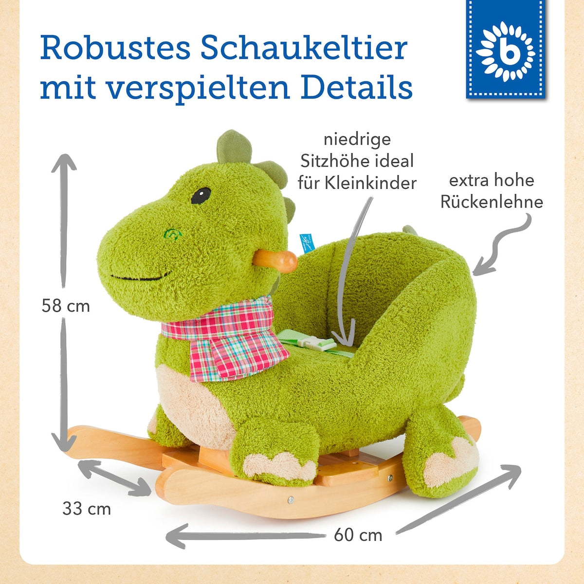 Nærbilde av mykt polyester materiale på gyngedyr dinosaur
