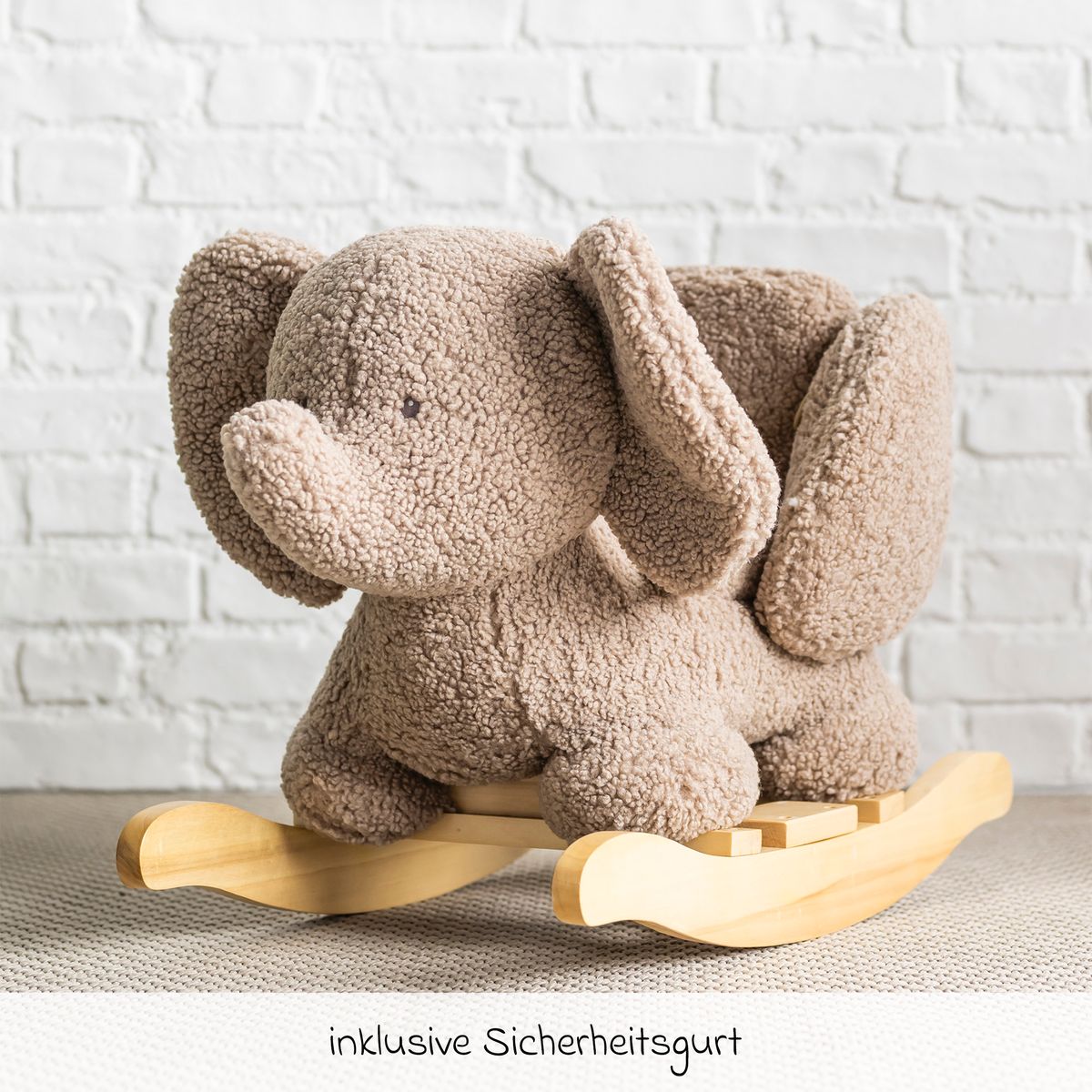 Gyngedyr elefant med sikkerhetsbelte taupe detalj av sikkerhetsbelte