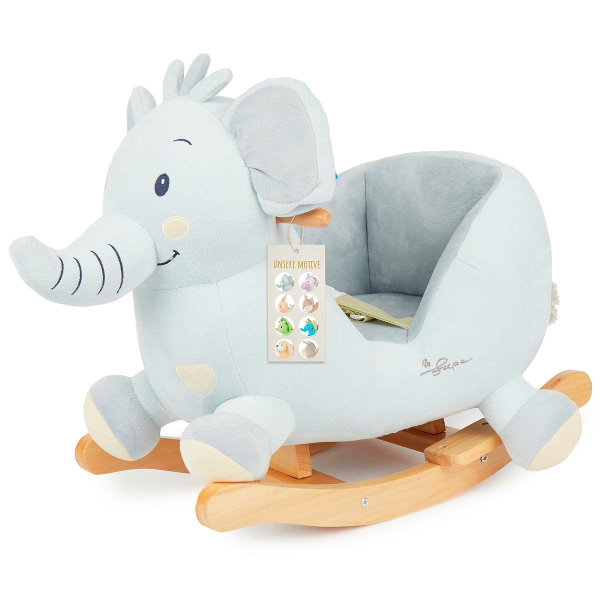 Gyngedyr elefant Tiko i plysj forfra