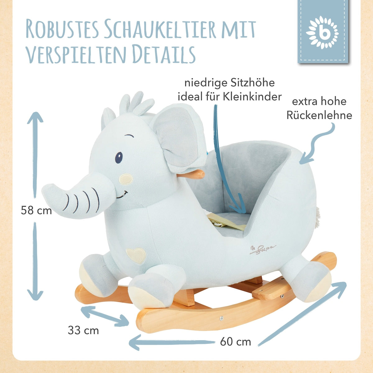 Nærbilde av gyngedyr elefant Tiko i plysj