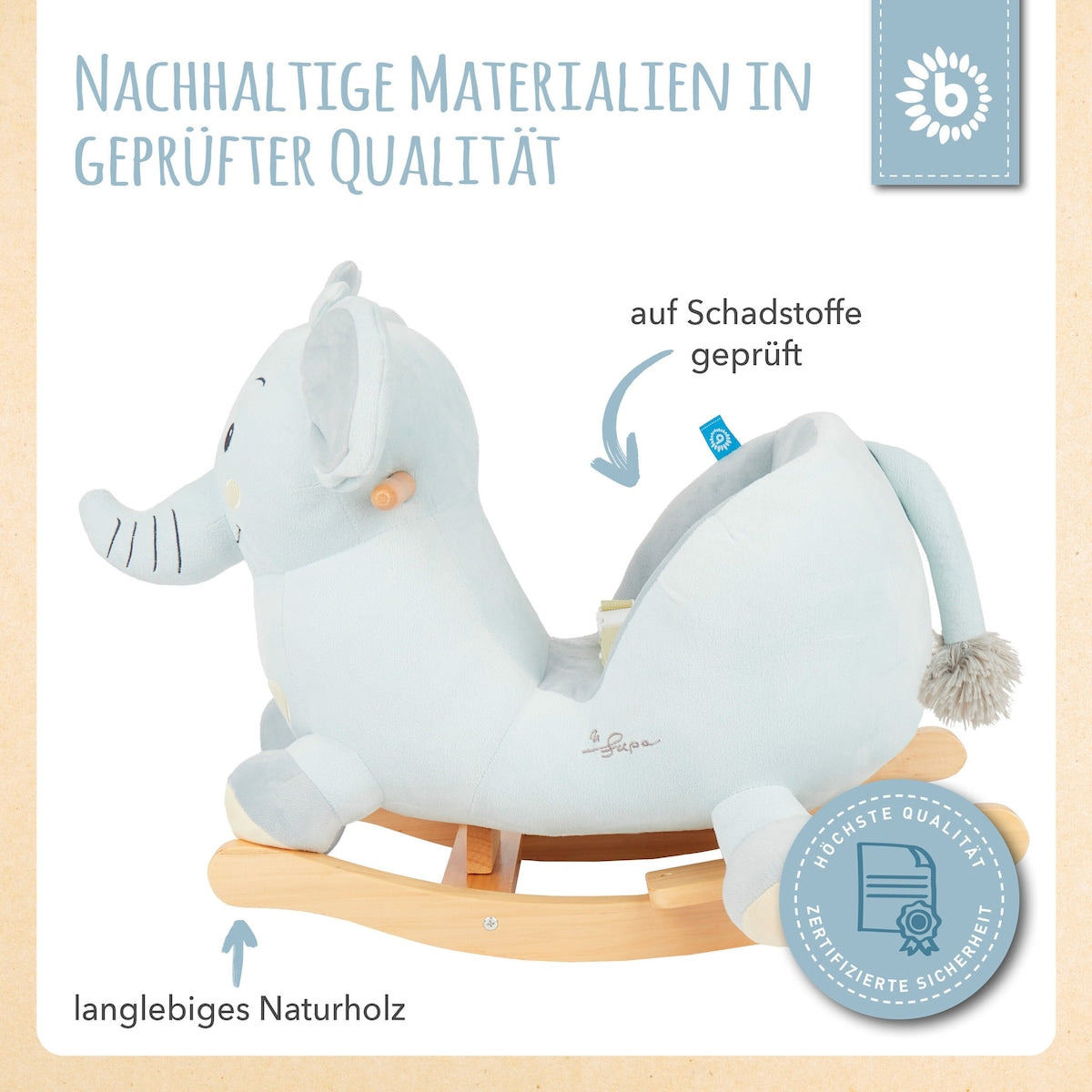 Gyngedyr elefant Tiko i plysj fra 9 mnd 60x48x33 cm - Bieco