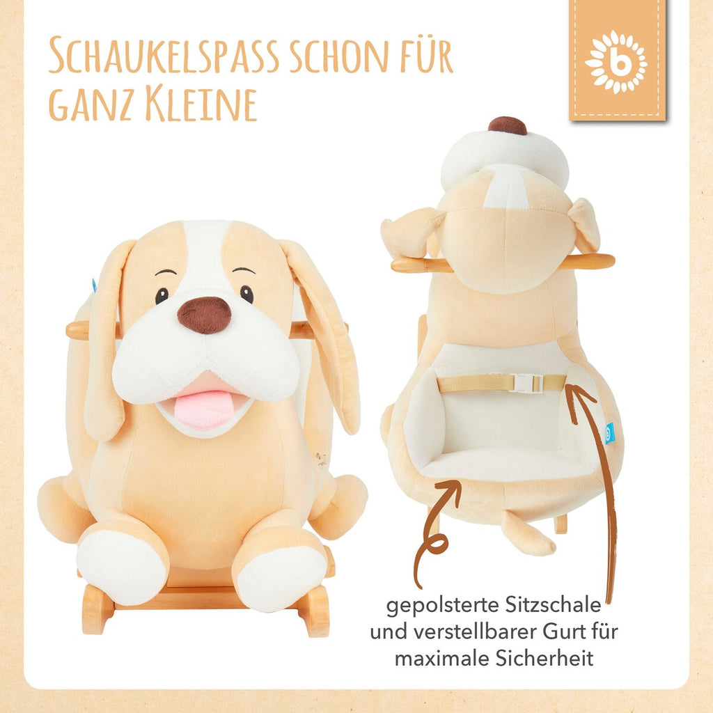 Detaljbilde av gyngedyr hund Sam i mykt polyester