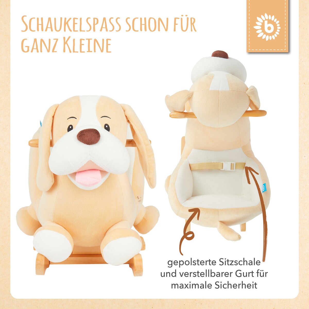 Detaljbilde av gyngedyr hund Sam i mykt polyester