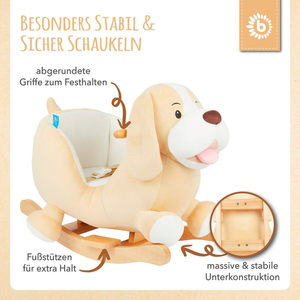 Gyngedyr hund Sam montert på treramme med håndtak