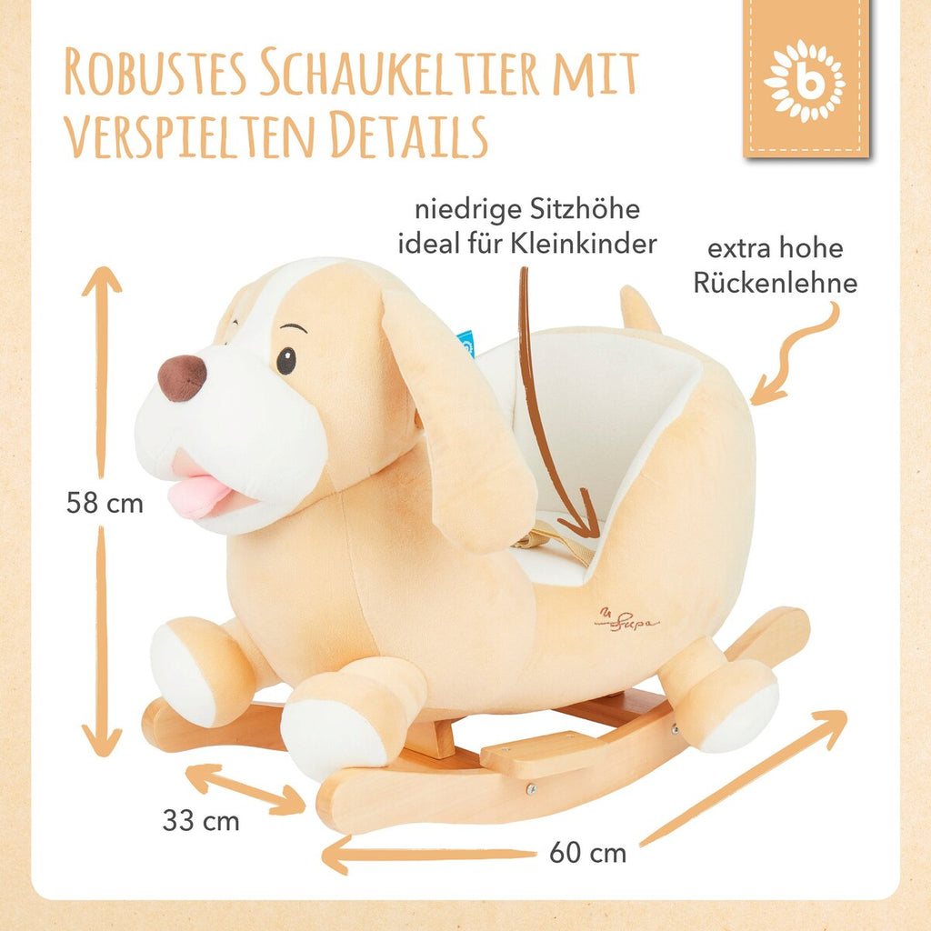 Nærbilde av håndtak og fotstøtter på gyngedyr hund Sam