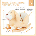 Nærbilde av håndtak og fotstøtter på gyngedyr hund Sam