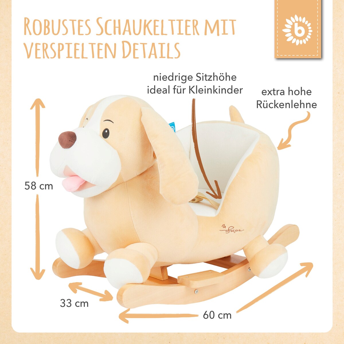 Nærbilde av håndtak og fotstøtter på gyngedyr hund Sam