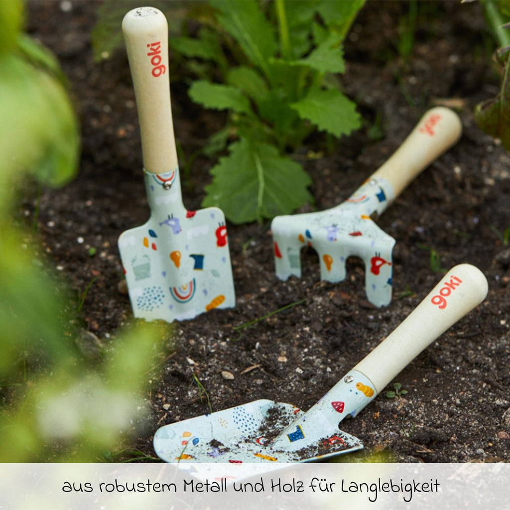 Bakside av Hagesett i 3 deler med 2 spader og rive for barn - Goki