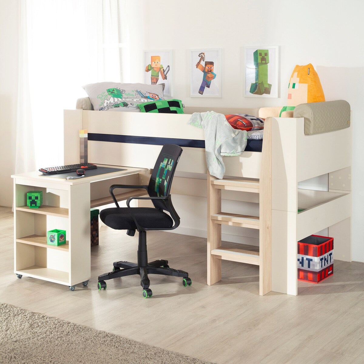 Halvhøy seng sett "Studio" Flexi Grow 90x200 cm montert med stige