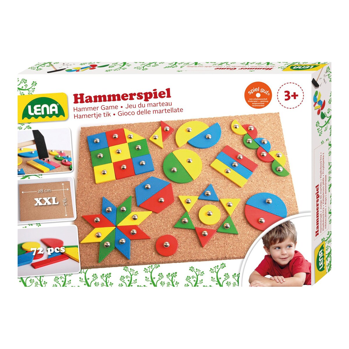 Hammerspill med 72 brikker, korkplate 28x19,5 cm forfra