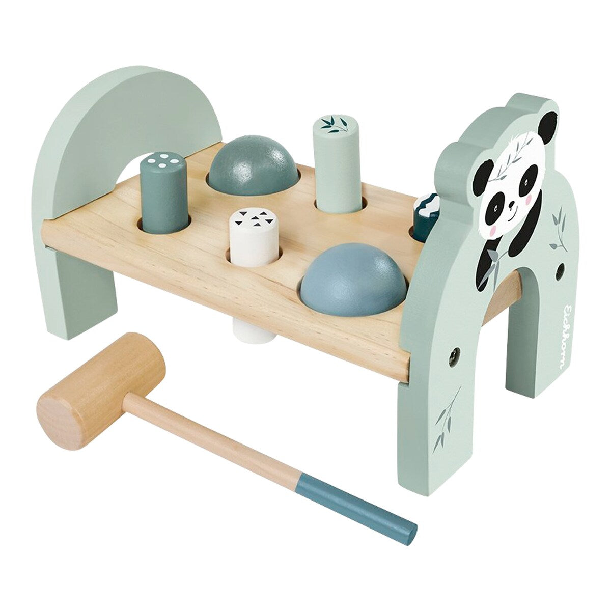 Hamrebenk i tre panda-design med hammer fra 12 mnd forfra