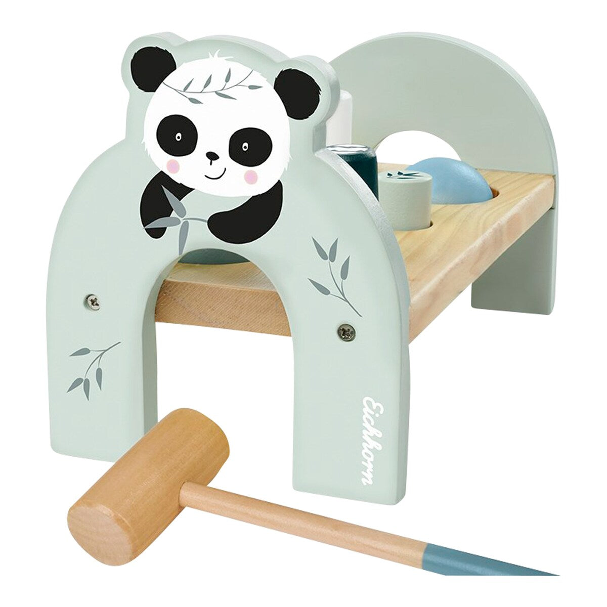 Nærbilde av panda-design på Hamrebenk i tre panda-design med hammer fra 12 mnd