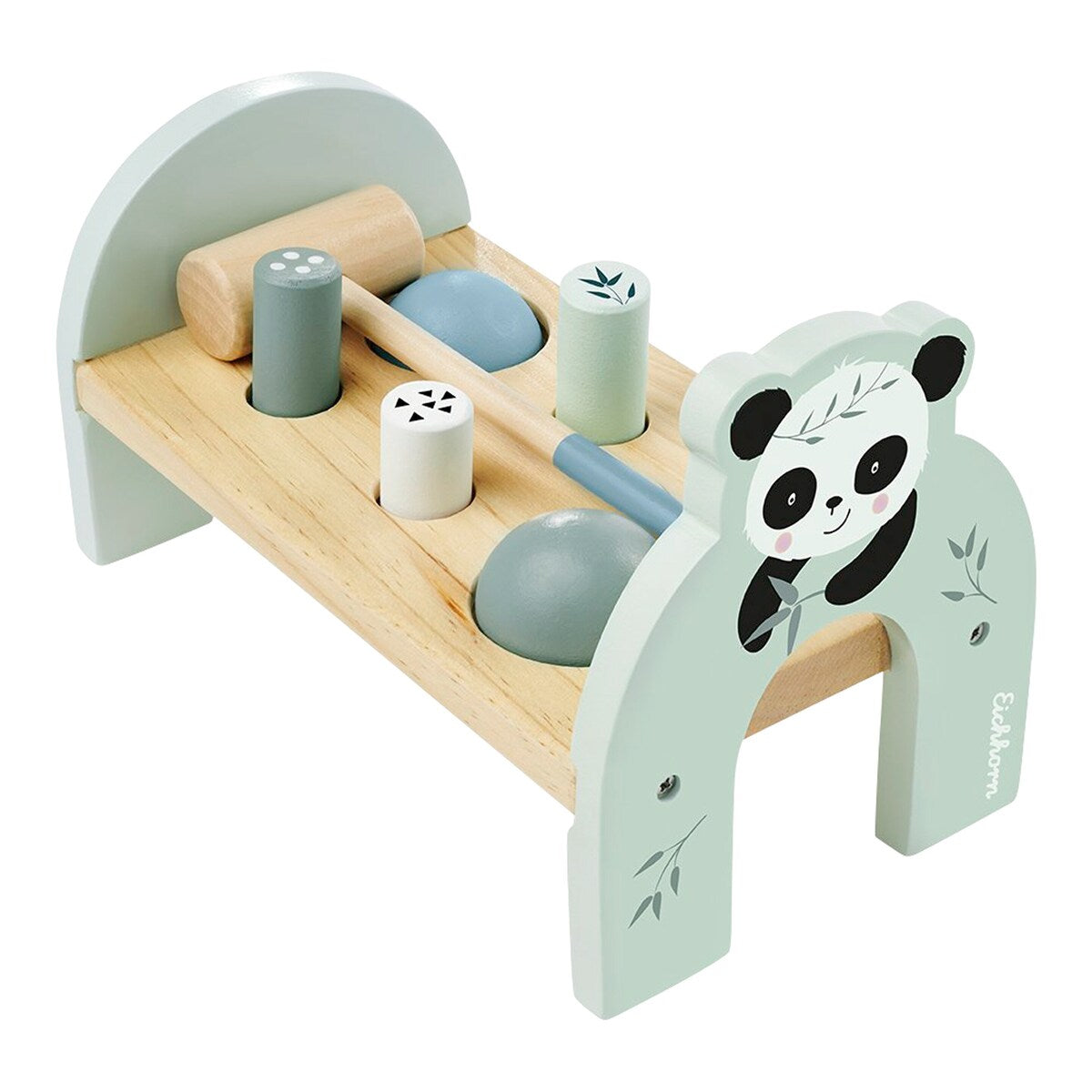 Barn som leker med Hamrebenk i tre panda-design med hammer fra 12 mnd