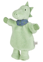 Hånddukke Dino Rexi i fleece forfra med vennlig ansikt