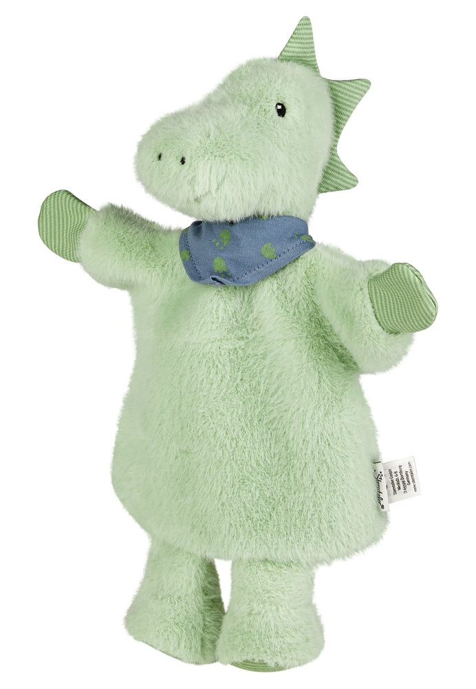 Hånddukke Dino Rexi i fleece forfra med vennlig ansikt