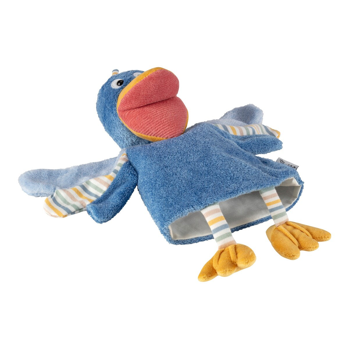 Nærbilde av Hånddukke fugl i fleece og jersey 29 cm materiale