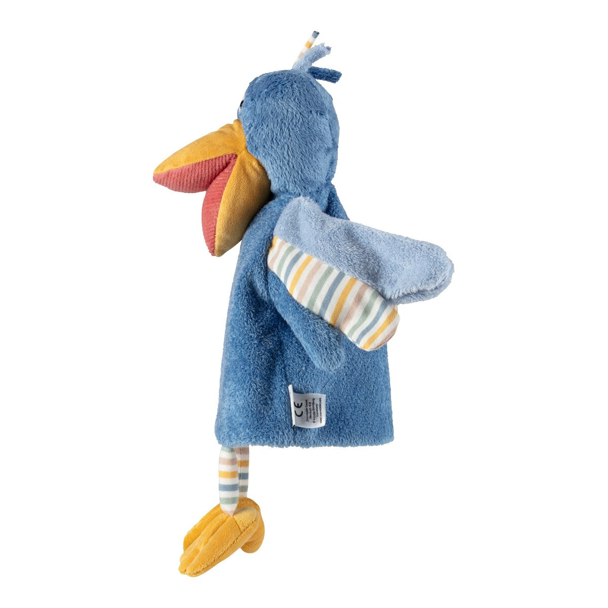 Hånddukke fugl i fleece og jersey 29 cm i bruk