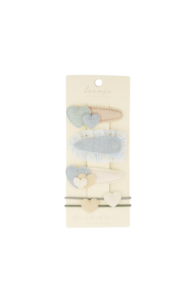 Hårspenner blue broderie anglaise hearts mix forfra