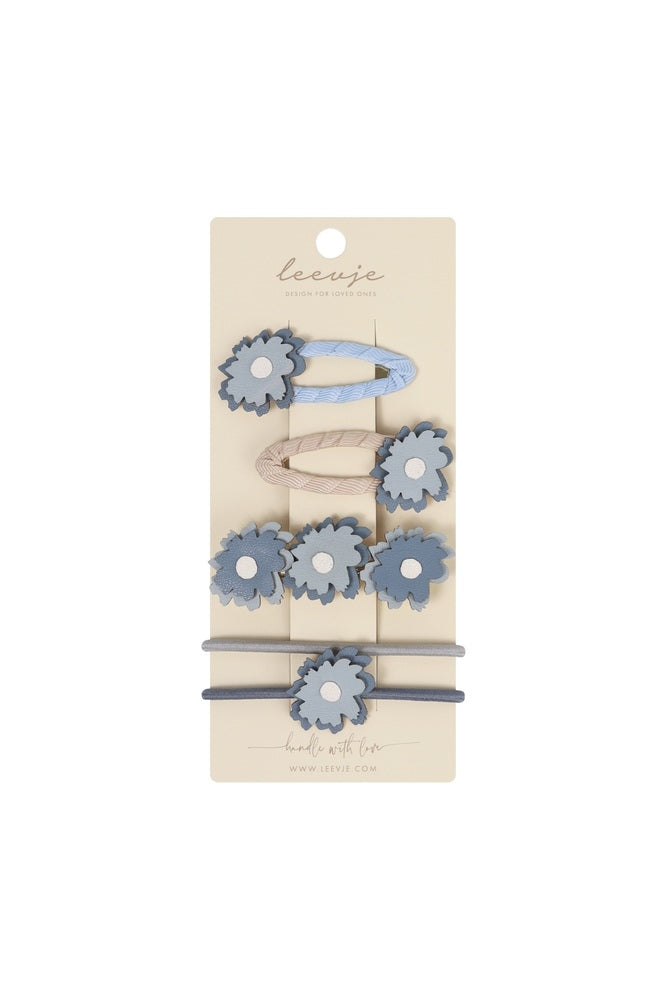 Hårspenner Blue Flowers Mix sett med 3 spenner og 2 strikker forfra