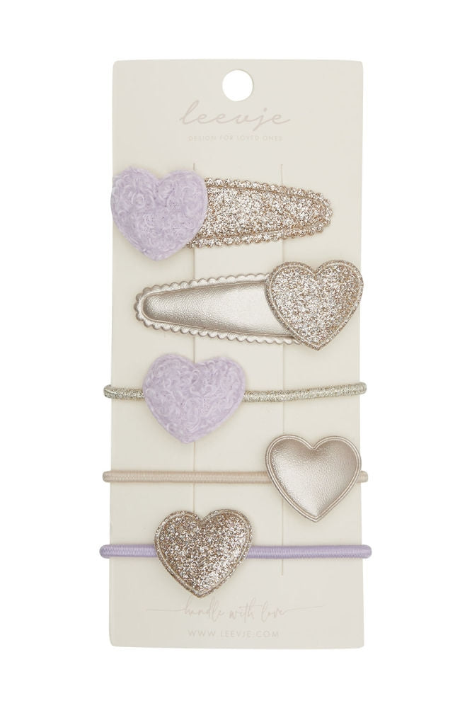 Hårtilbehør sett med 5 stk Lavender Teddy and Heart Mix - Leevje forfra