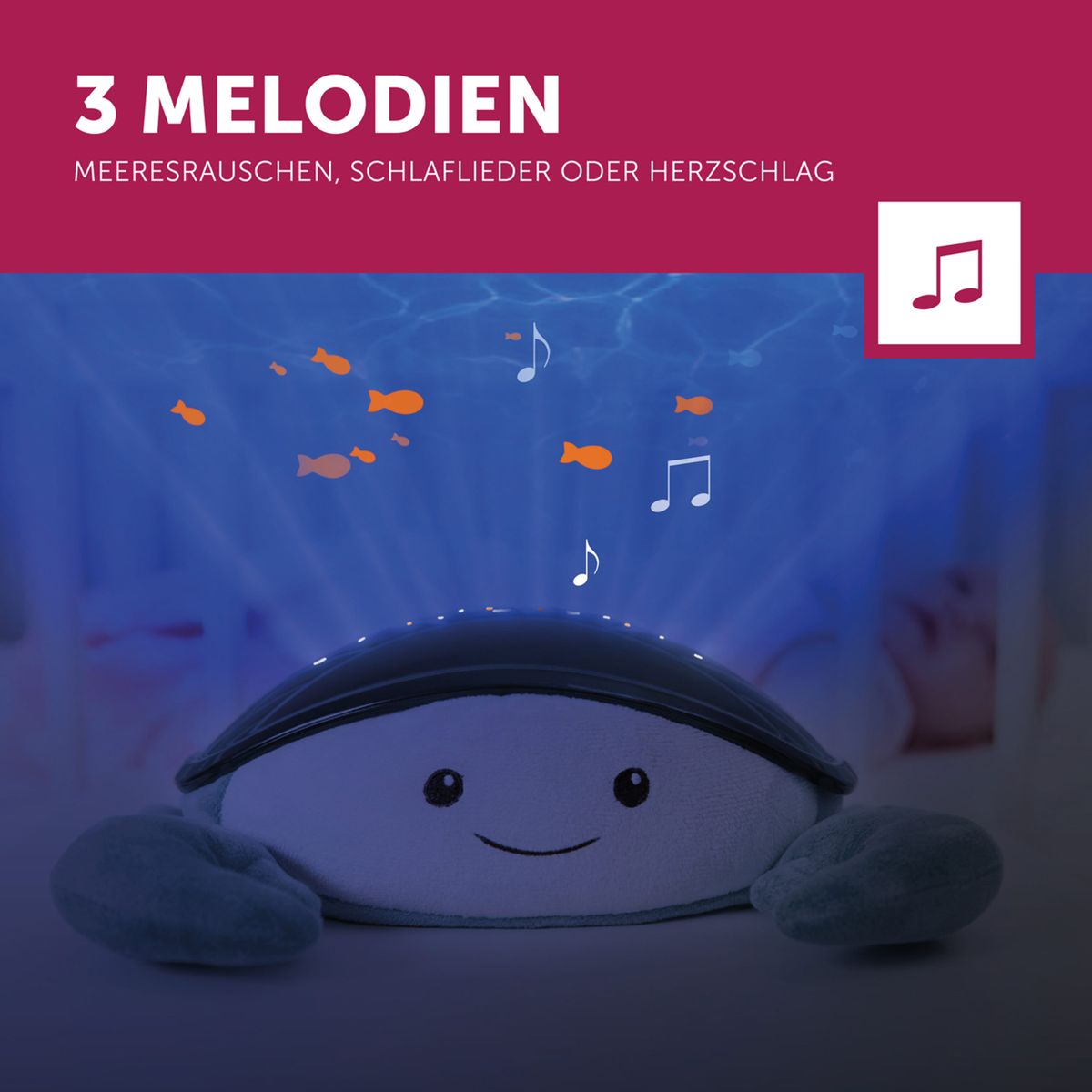 Nærbilde av projeksjon fra Havprojektor med musikk og nattlys Cody krabben
