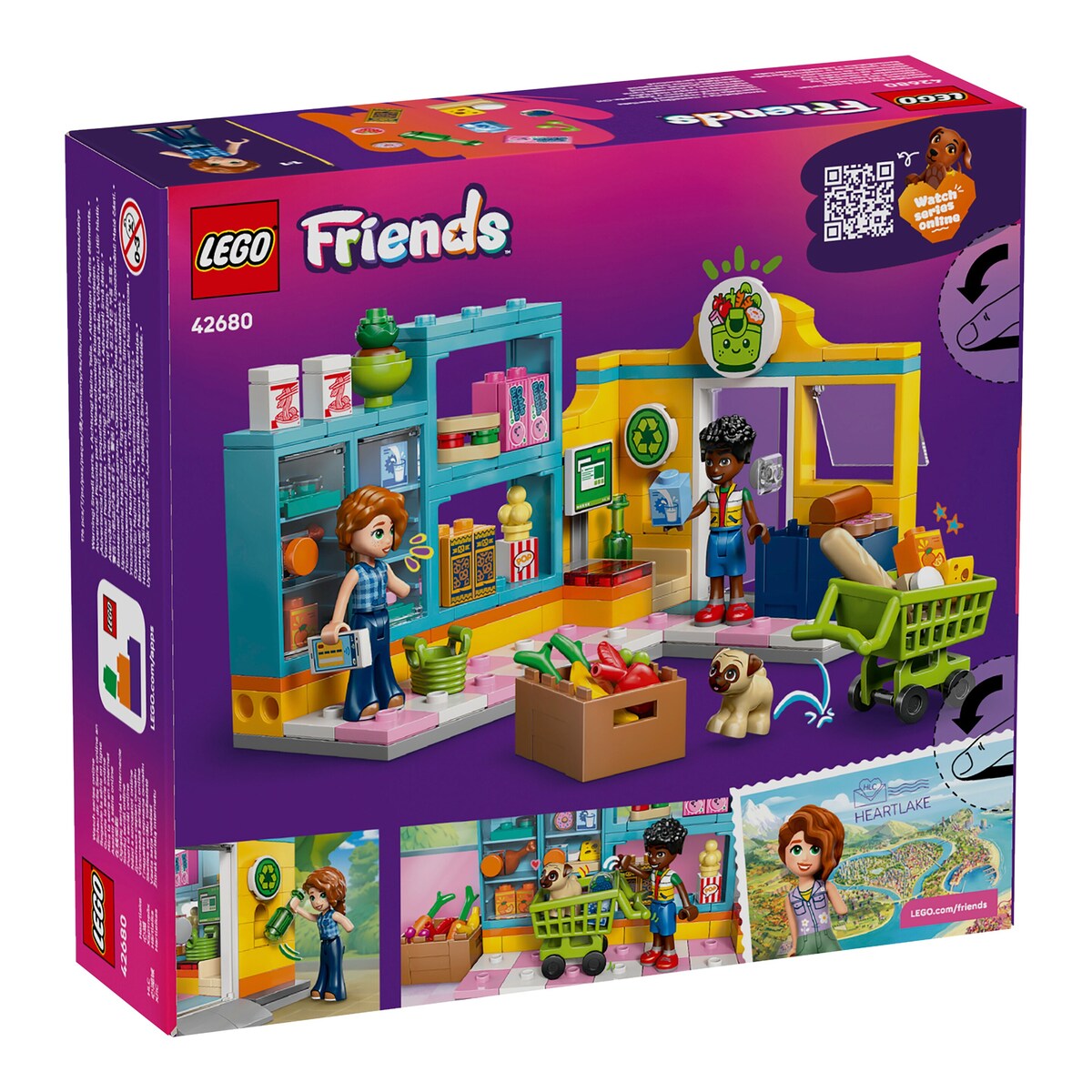 Nærbilde av LEGO Friends Heartlake City minimarked 42680 matvarer