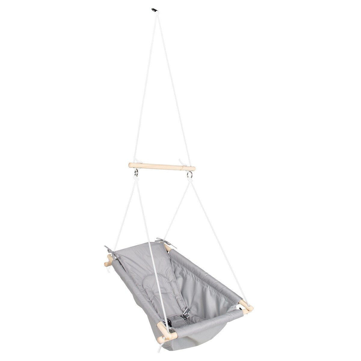 Hengehuske for baby i canvas og tre fra roba forfra