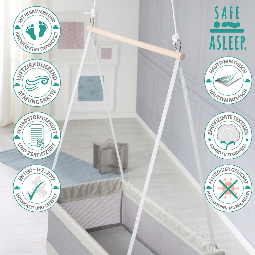 Detalj av mesh-stoff på Hengevugge safe asleep® med mesh-stoff i canvas