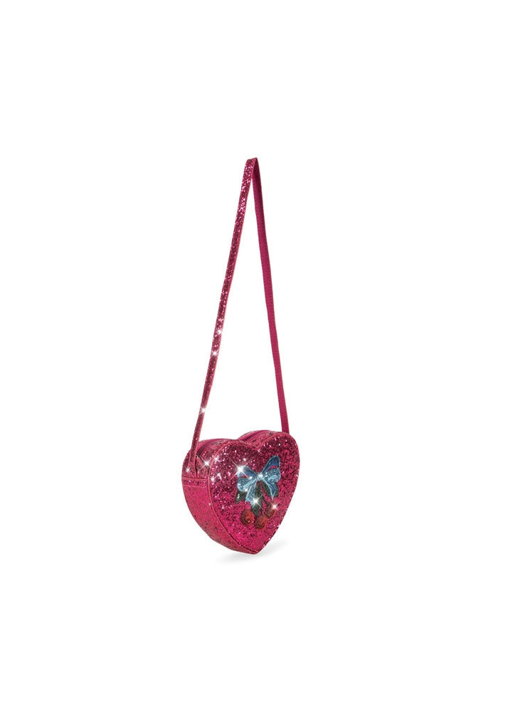 Bakside av hjerteformet skulderveske med glitter sangria