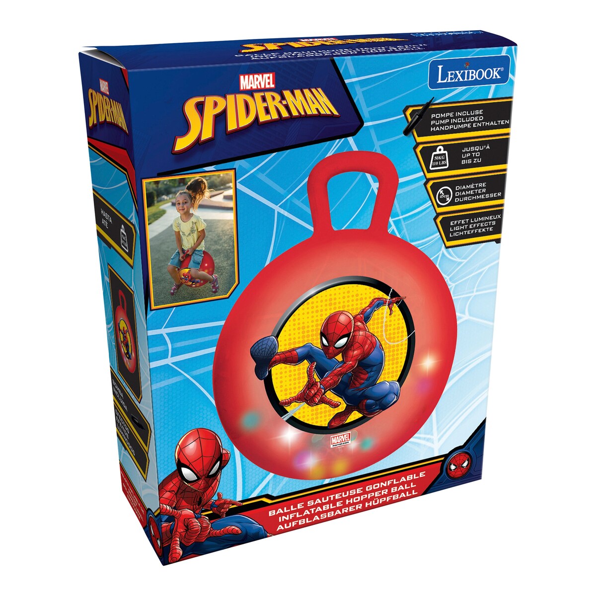 Hoppeball med lyseffekt Spider-Man 45 cm montert og klar til bruk