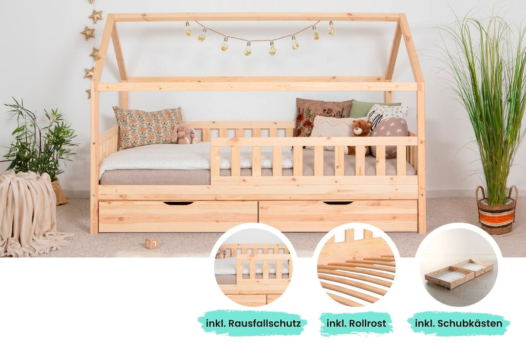 Husseng "Kay" 120x200 cm med skuffer i furu natur bakside