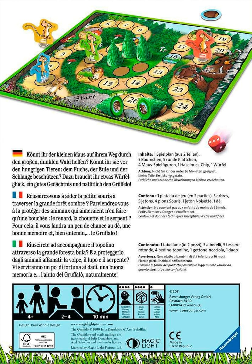 Hvor er Grüffelo? terningspill baksiden med spillkomponenter