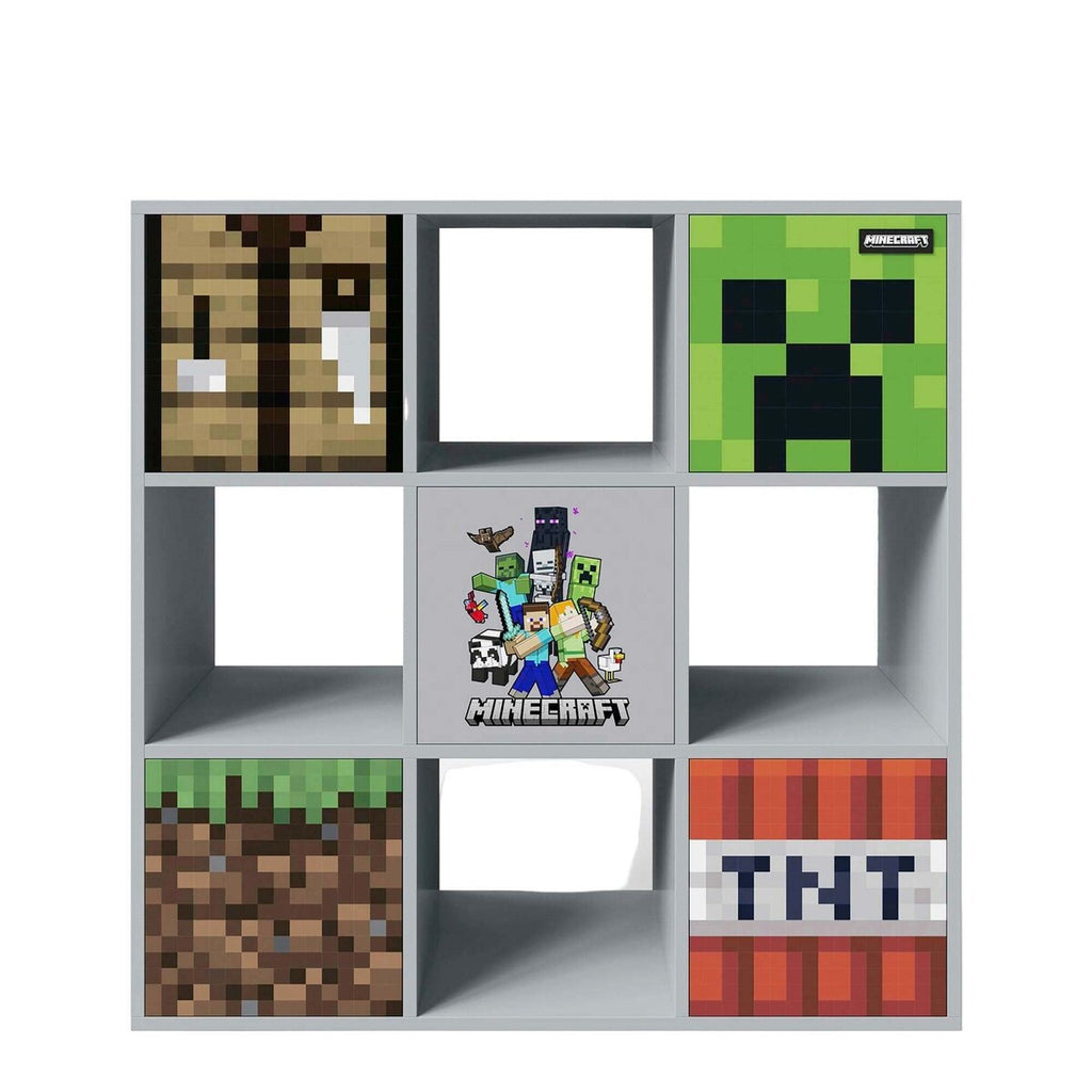 Hylle med 4 åpne rom og 5 dører push-open Minecraft forfra