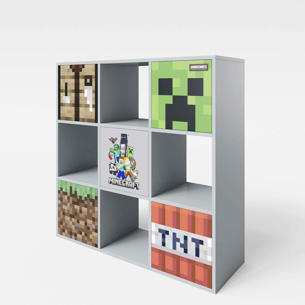 Sidevisning av Hylle med 4 åpne rom og 5 dører push-open Minecraft