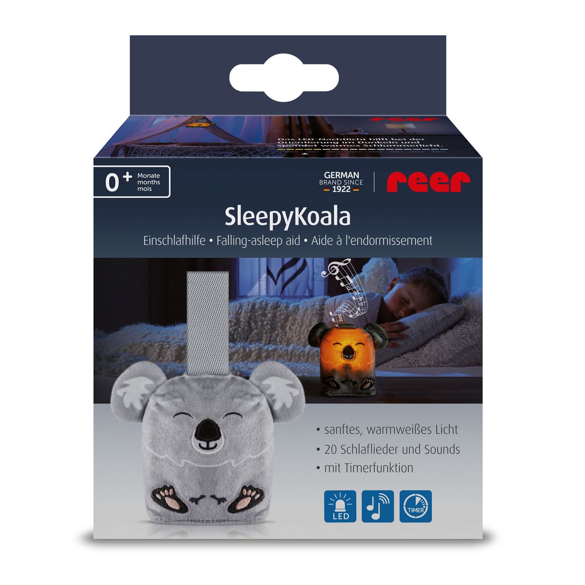 Innsovningshjelp Sleepy Koala med lys og melodier i bruk i mørkt rom