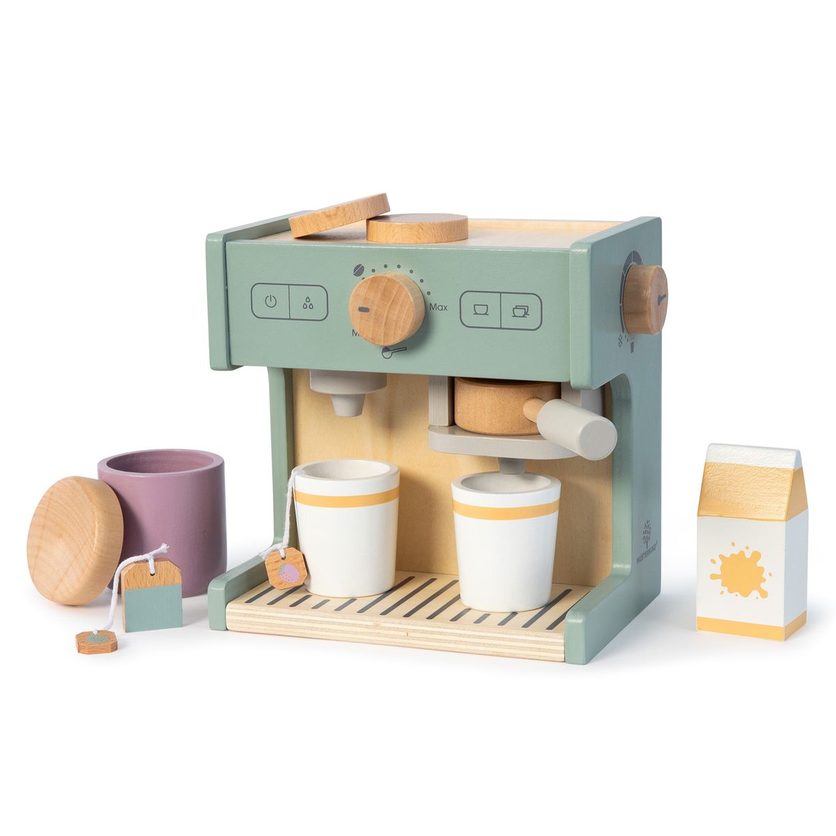 Kaffemaskin for lekekjøkken Coffea i tre, 14 deler - Musterkind med silholder, kopper, teposer, melk og kakeboks med kjeks
