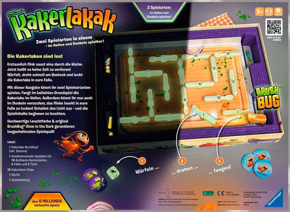 Kakerlakak Glow in the Dark brettspill bakside med spillkomponenter