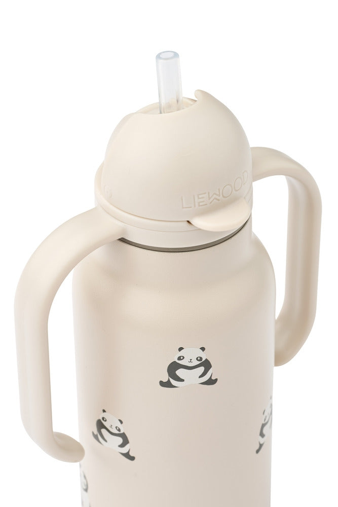 Detalj av Kimmie drikkeflaske 250 ml i rustfritt stål mini panda/sandy med sugerør