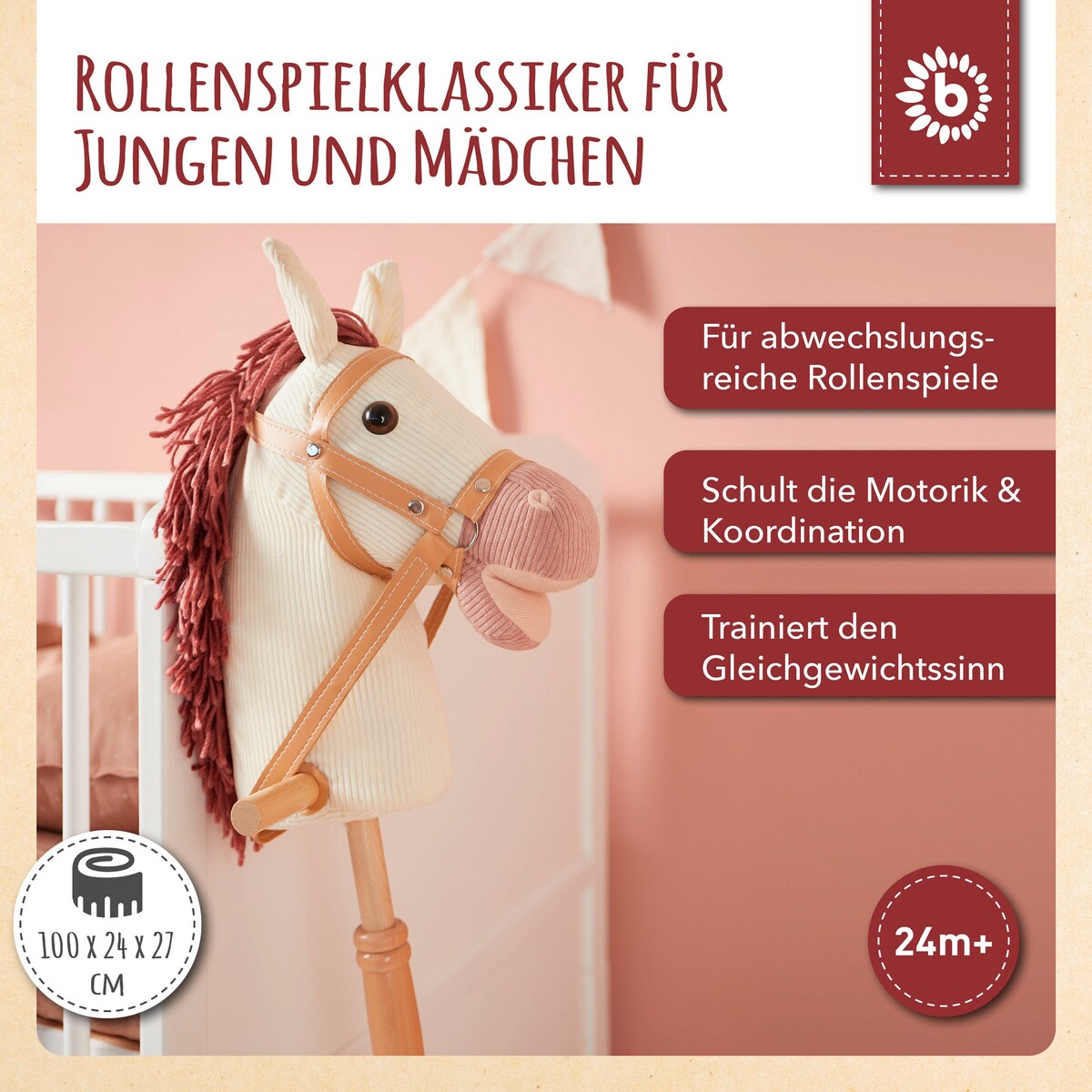 Kjepp-hest Ginger i kordfløyel og tre bakside